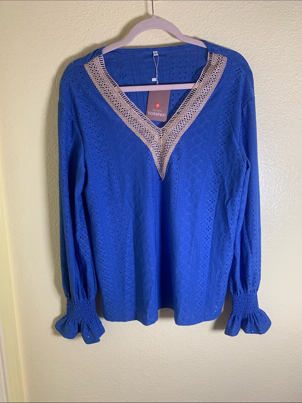 NWT YESFASHION Royal Blue V-Neck Eyelet Blouse, Size M